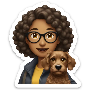 woman with glasses, curly hair and taking her black Pincher dog for a walk sticker
