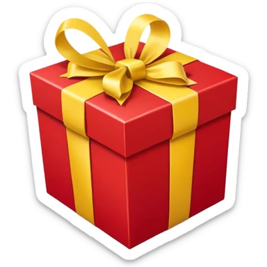 Front-facing upright red gift box with a yellow ribbon and a centered bow. sticker