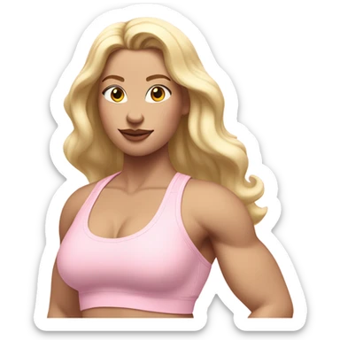 Woman, white skin, pale skin, long hair, blonde hair, wavy hair, baby pink sports bra, baby pink leggings, flexing one arm up sticker