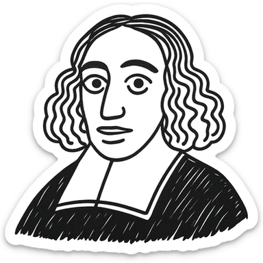 Reduce the number of strokes in the Spinoza black outline icon to make it less fuzzy, but keep it detailed and hand-drawn style. Maintain even pupils, long curly hair, 17th-century collar, and transparent background. sticker