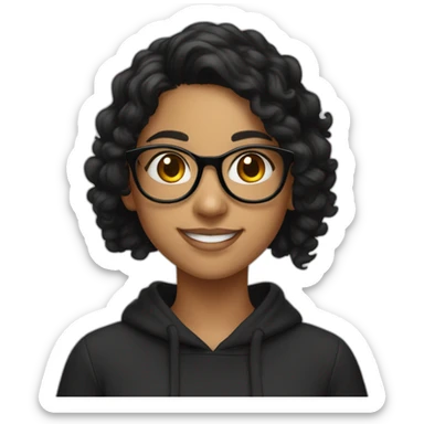 smiling teenage indian girl with glasses with black curly hair wearing a black hoodie with no zipper sticker