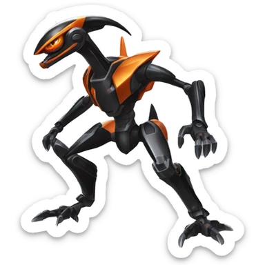 a shiny metallic black-orange Genesect-Flygon-Raptor-Fakémon-Medabot-hybrid with a futuristic visor-helmet full body sticker