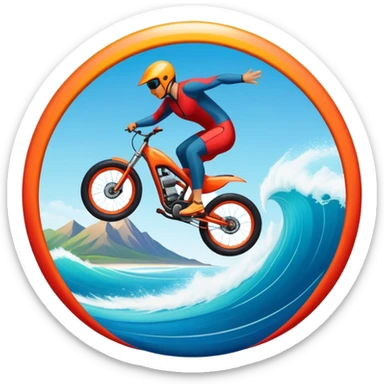 A bold, dynamic emblem combining elements of extreme sports like a mountain, a bike, surfing, ocean and a parachute, all within a circular or shield-like shape. The design conveys speed, adventure, with sharp lines and vibrant colors representing the thrill and intensity of extreme sports. sticker