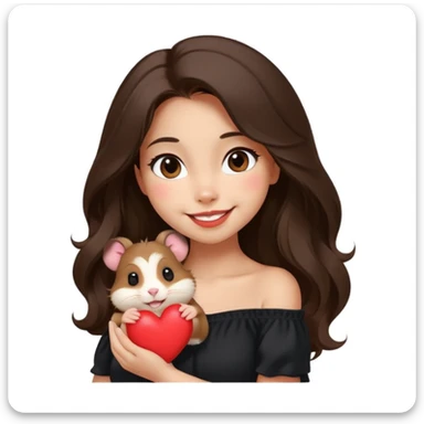 modern emoji of a young woman with medium skin tone, long wavy dark brown hair, black off-shoulder top, soft smile, expressive warm eyes, cute hamster on her shoulder winking and holding a small red heart, clean cheerful charming style, soft neutral color background sticker