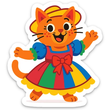 cat wearing festa junina dress, with dotted makeup, cheerful, colorful sticker