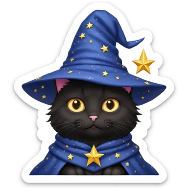 black wizard cat with a pointy starry wizard hat sticker