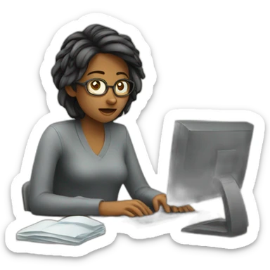 exhausted woman programmer with computer sticker