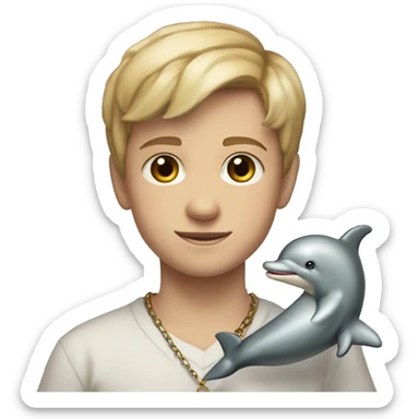 Full torso shot of short Blonde hair brown eyes 4th grade boy wearing orthodox cross necklace holding dolphin stuffed animal sticker