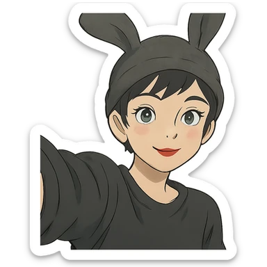 1 female, gothic pixie with a bunny ears beanie cute selfie  sticker