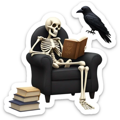 Skeleton reading a book  while sitting on fluffy chair and a raven sticker