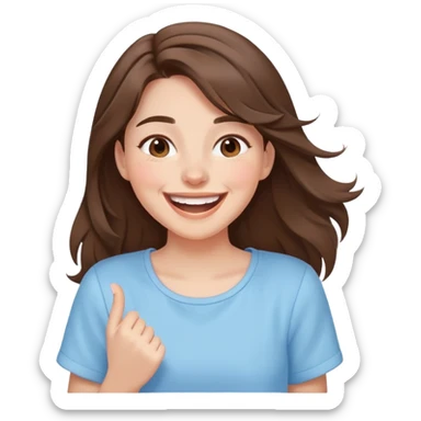 brunette girl with brown hair wearing pastel blue clothes laughing joyfully sticker