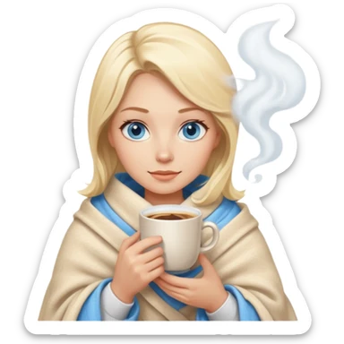 Blonde with blue eyes wrapped up in a cozy blanket with a hot coffee sticker