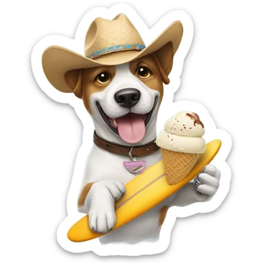 Dog surfing wearing a cowboy hat with an ice cream in his hand sticker