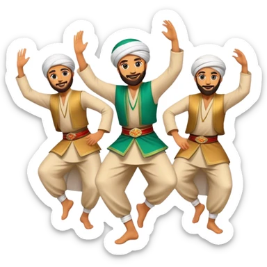 Cinematic Realistic Dabke Dance Emoji, depicted as an energetic traditional Lebanese folk dance with vibrant costumes and rhythmic movements, rendered with dynamic textures and festive natural lighting that captures its communal joy. sticker