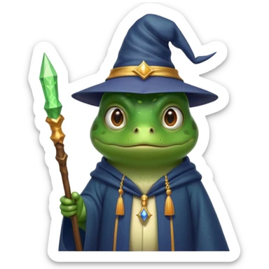 A smart frog in a hat and robes holds a pointer and with a smart face points out the mistake sticker