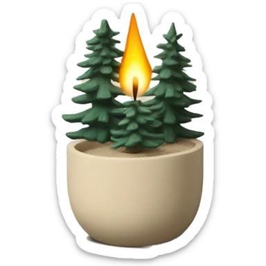 Candle in beige concrete vessel with painted pine trees sticker