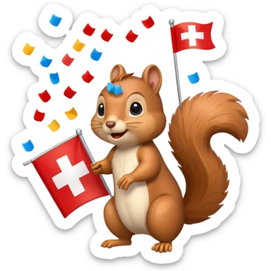 squirrel waving a Swiss flag, confetti in the air, emoji style sticker