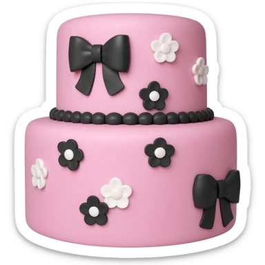 Pastel pink shaped birthday cake with black and white bows and flowers sticker
