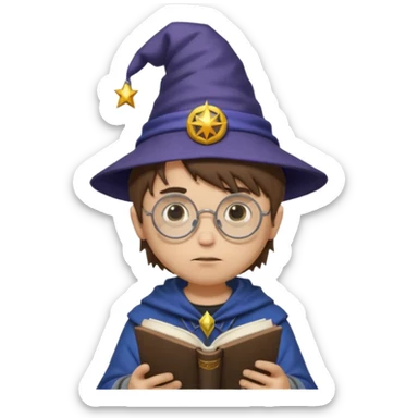["A sad boy with light skin, straight hair, wearing a wizard hat and round glasses, dressed in punk fashion, is reading a book while holding a phone."] sticker