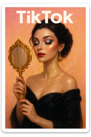 mysterious elegant woman, glowing skin, magical makeup, sparkling powder, golden mirror, pastel pink and gold, TikTok cover style sticker