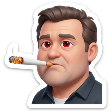 Chubby goofy looking middle aged  white guy with dark brown, but graying hair and bloodshot eyes, Smoking A SUPER HUGE white joint with orange and ash with hot ash and smoke rising off of it sticker