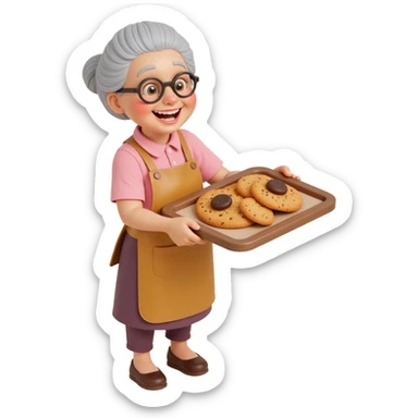 Portrait of a cheerful grandma wearing a simple apron, holding a baking tray full of cookies, warm kitchen background, cozy atmosphere, emoji-style sticker