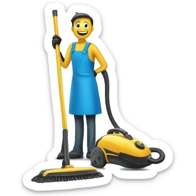 broom and vacuum cleaner, set against a blue background of a home cleaning session sticker
