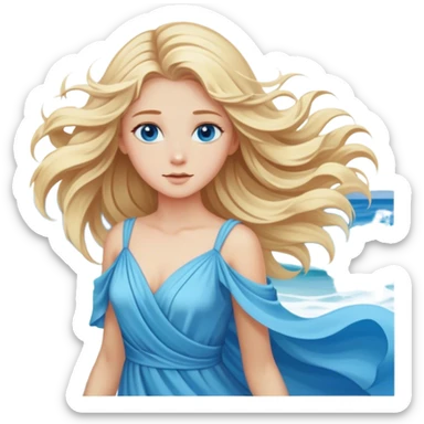 Blond Girl with blue eyes in a flowing dress by the ocean wind in her hair with beautiful finish. sticker
