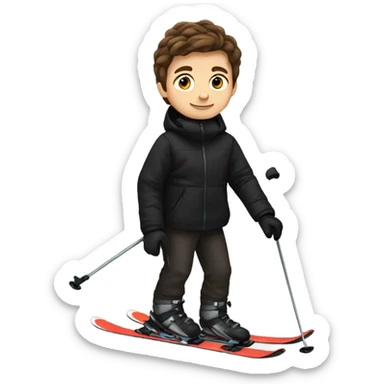Brown hair boy skiing with black jacket and brown pants  sticker