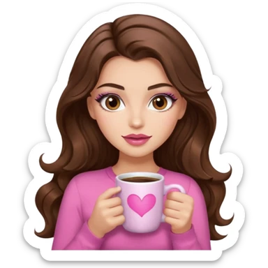 girl with long wavy brown hair, brown eyes, long lashes, makeup, ,sexy pink lips, light to medium complexion, pink sexy top, with a coffee mug sticker