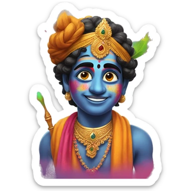 Krishna in holi with gulal on his face and mor pank on his head sticker
