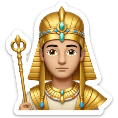 A regal pharaoh with golden headdress, calm stern eyes, and holding a crook and flail with authority.
 sticker