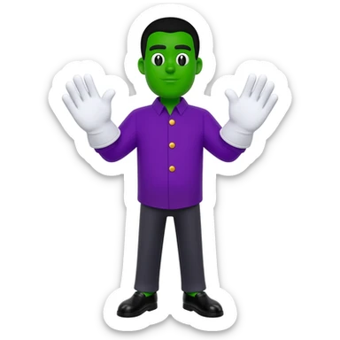 Cartoon black male around face green with big white gloves overall two gold buttons and purple shirt and black shoes black hair full body sticker