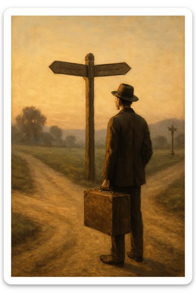 a lone traveler in vintage clothes, standing at a crossroads, contemplating his path, symbolic, dawn light, early 20th century sticker