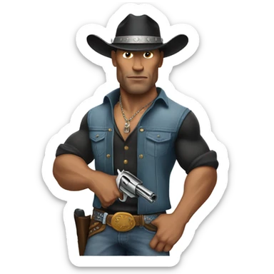 The Rock is wearing a cowboy hat and holding revolver sticker