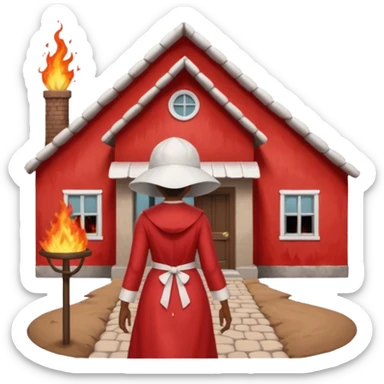 handmaids tale style woman burning house down walking away from house. shes wearing the nun hands maid tale hat cant see her face with brown hair shes wearing the red handmaids tale costume with white bonnet sticker