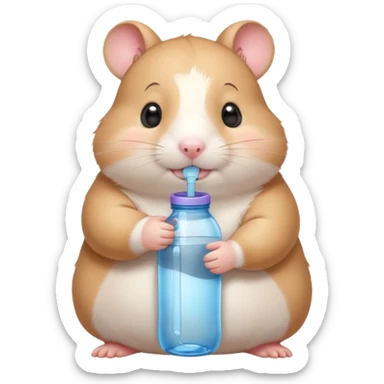 Cute chubby cartoon-style hamster hugging an oversized water bottle, sipping with tiny straw, happy expression. Painterly shading, expressive eyes, white background, sticker-style illustration sticker