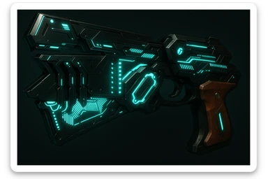 Create a gun design closely inspired by the reference image: a futuristic, high-tech weapon with angular shapes, glowing blue lights, black and metallic body, and wood-textured grip, in the style of the Psycho-Pass Dominator. Emphasize sci-fi details and dramatic lighting, capturing the essence of the Psycho-Pass Dominator's aesthetic. sticker