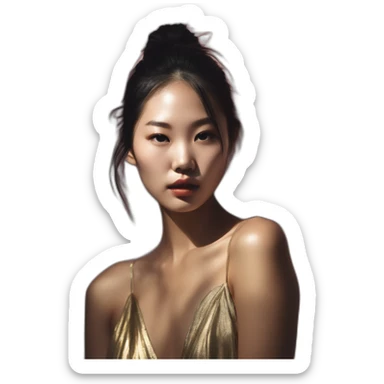 asian girl david bellemere, bathed in shadows, fov 90 degrees, short lighting, cold colors, gilded technique, extremely hyper aesthetic sticker