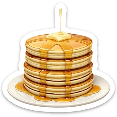 Cinematic fluffy golden pancakes, stacked high, drizzled with maple syrup, topped with fresh butter melting on top, light dusting of powdered sugar, warm and inviting, soft glow and mouthwatering. sticker