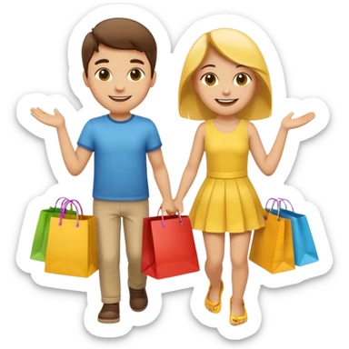 HAPPY SMILEY FACE EMOJI BOY AND GIRL WITH HANDS AND FEET WITH SHOPPING BAGS IN EACH HAND sticker