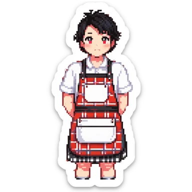 chubby boy with black hair styled upward in front, wearing a red and white checkered plaid apron sticker