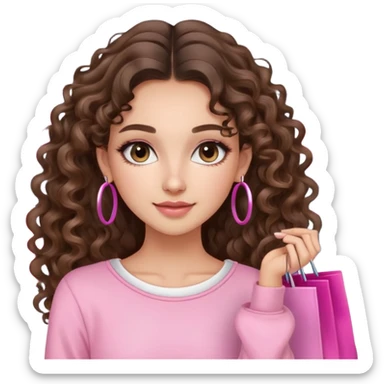 cute balayage brunette long hair curly/wavy haired girl, hoop earrings, clean girl makeup DOING SHOPPING WITH PINK CLOTHES ON sticker