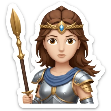 brown haired Athena the Greek goddess of disciplined, strategic warfare, calm, commanding figure leading with intelligence not force. wears light armour carries a spear, symbolising protection precise judgement. strategy, not aggression, embodying clarity, foresight and decisive action. sticker
