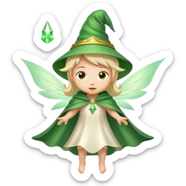 Little fairy with long white cape wearing a green wizard hat flying around sticker