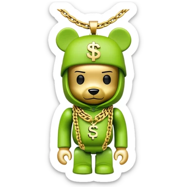 bearbrick with cube head in lime green balaclava tagged with multiple logos in graffiti style, wearing stacked gold chains, gold dollar sign pendant, luxury hip hop look sticker
