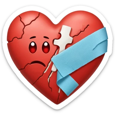 Un corazón roto con grietas  sangrando y expulsando sangre rodeado de vendas y tiritas que se despegan sin hacer efecto sticker