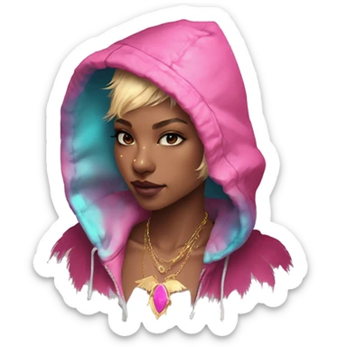 Pink magenta burgundy maroon cyan beige gray fox wearing a pink hoodie with gold jewellery gold piercings gold ear piercing gold nose piercing vintage watercolour tie dye black raven wings sticker