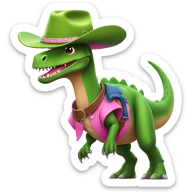 rex dinosaur surfing a pink wave dressed as a cowboy and with a green hat sticker