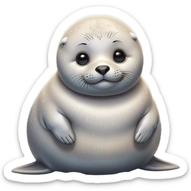 Cinematic Noble Baby Seal Portrait Emoji, Poised and endearing, with a round, plump body of soft, glistening fur, large, soulful eyes and a delicate, slightly rounded head accented by chubby cheeks, Simplified yet sharp and sophisticated features, highly detailed, glowing with a gentle, polar mist glow, high shine, intelligent and watchful, stylized with an air of arctic charm, focused and gentle, soft glowing outline, capturing the essence of a watchful and confident baby seal that appears ready to pop out of the screen with playful grace! sticker